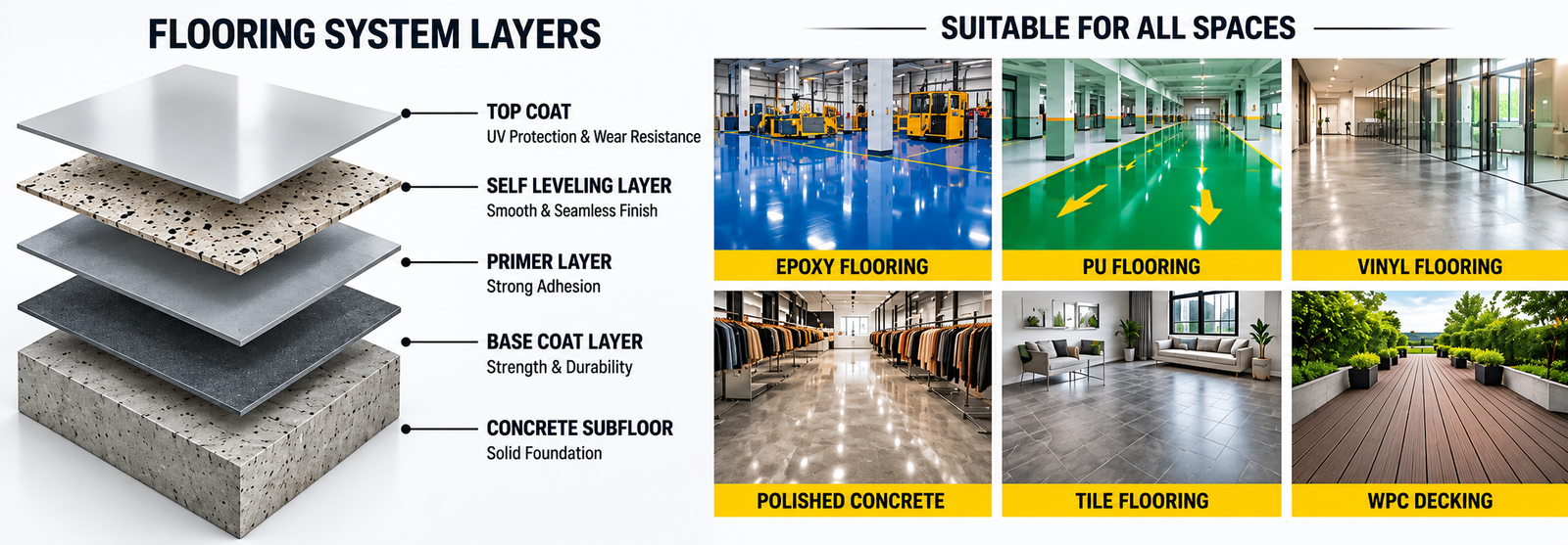 Flooring system layers: Concrete Subfloor, Base Coat, Self-Levelling Layer, Primer Layer, Top Coat