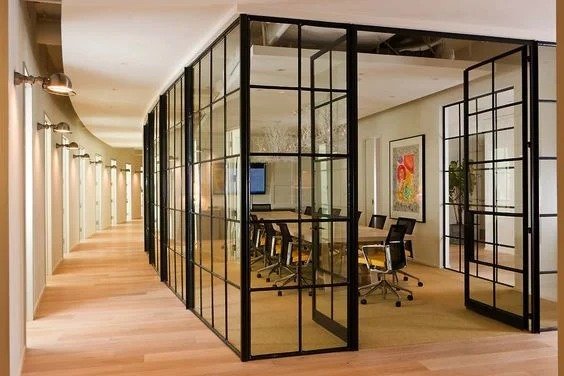 Glass framed meeting room and corridor partitions
