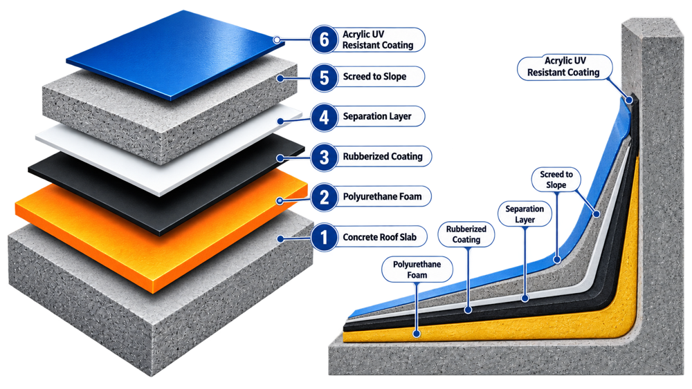 6-layer SPRS roof waterproofing system diagram