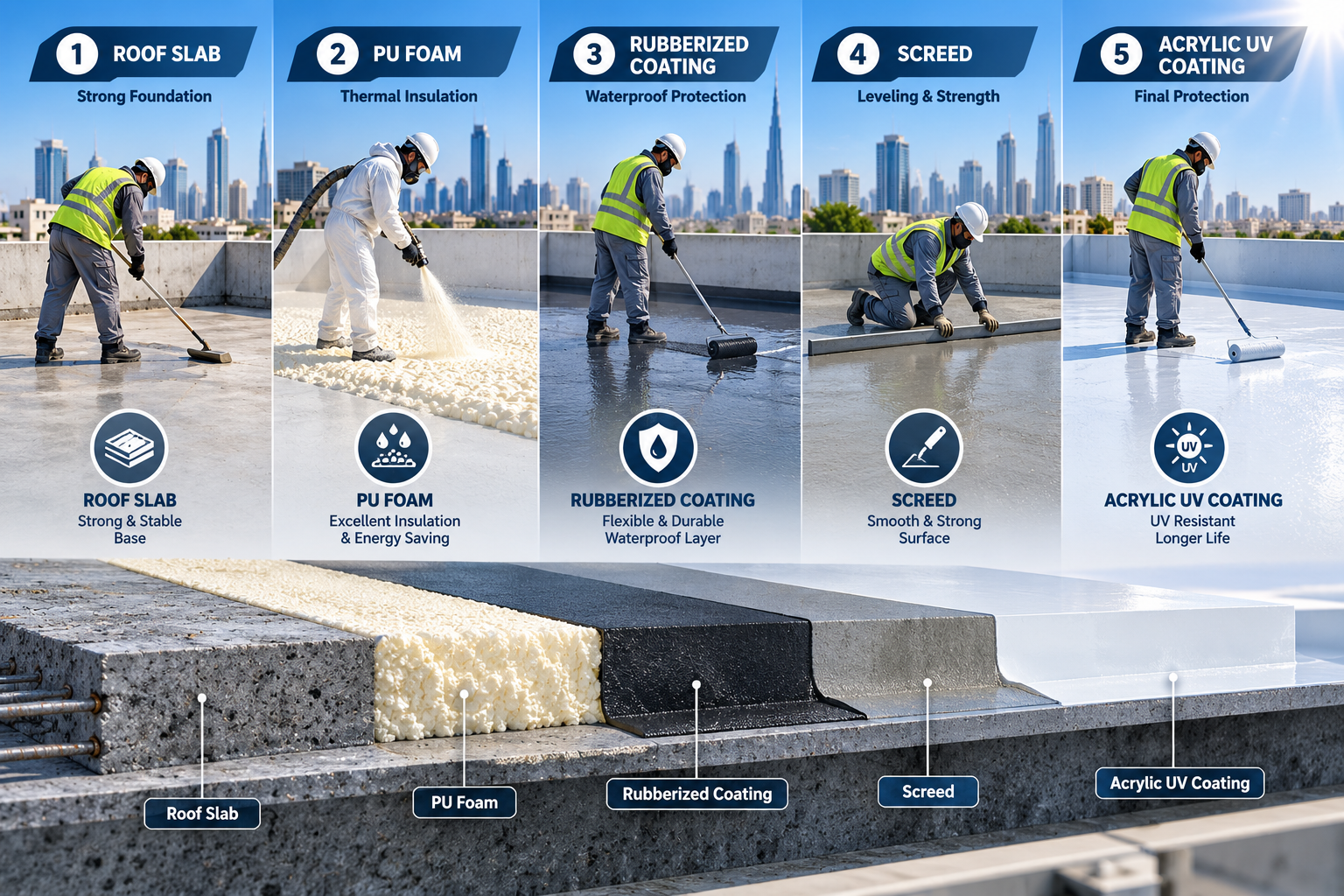 PU Foam roof system layers: Roof Slab, PU Foam, Rubberized Coating, Screed, Acrylic UV Coating