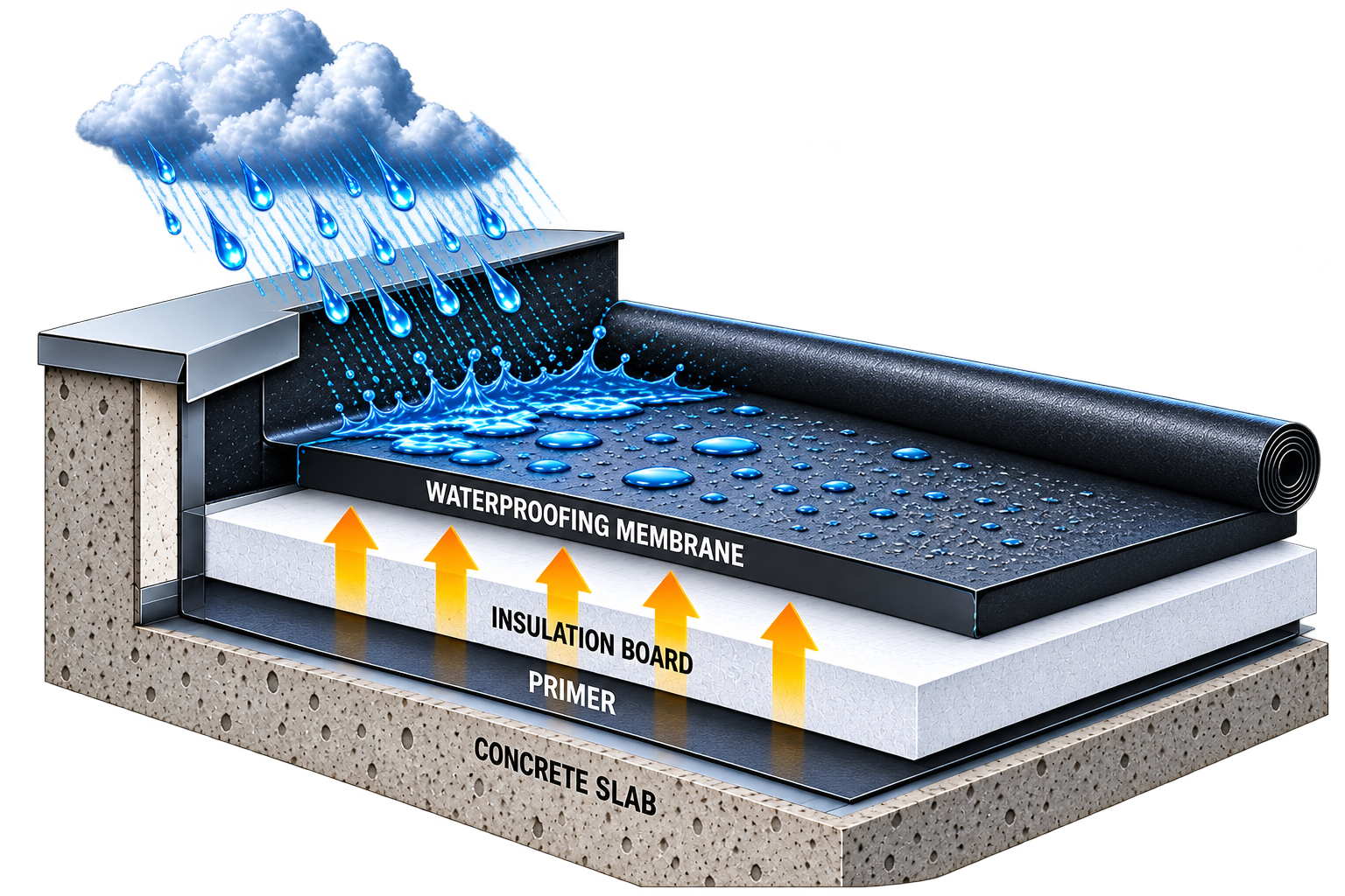 Roof combo waterproofing layer diagram — waterproofing membrane, insulation board, primer and concrete slab