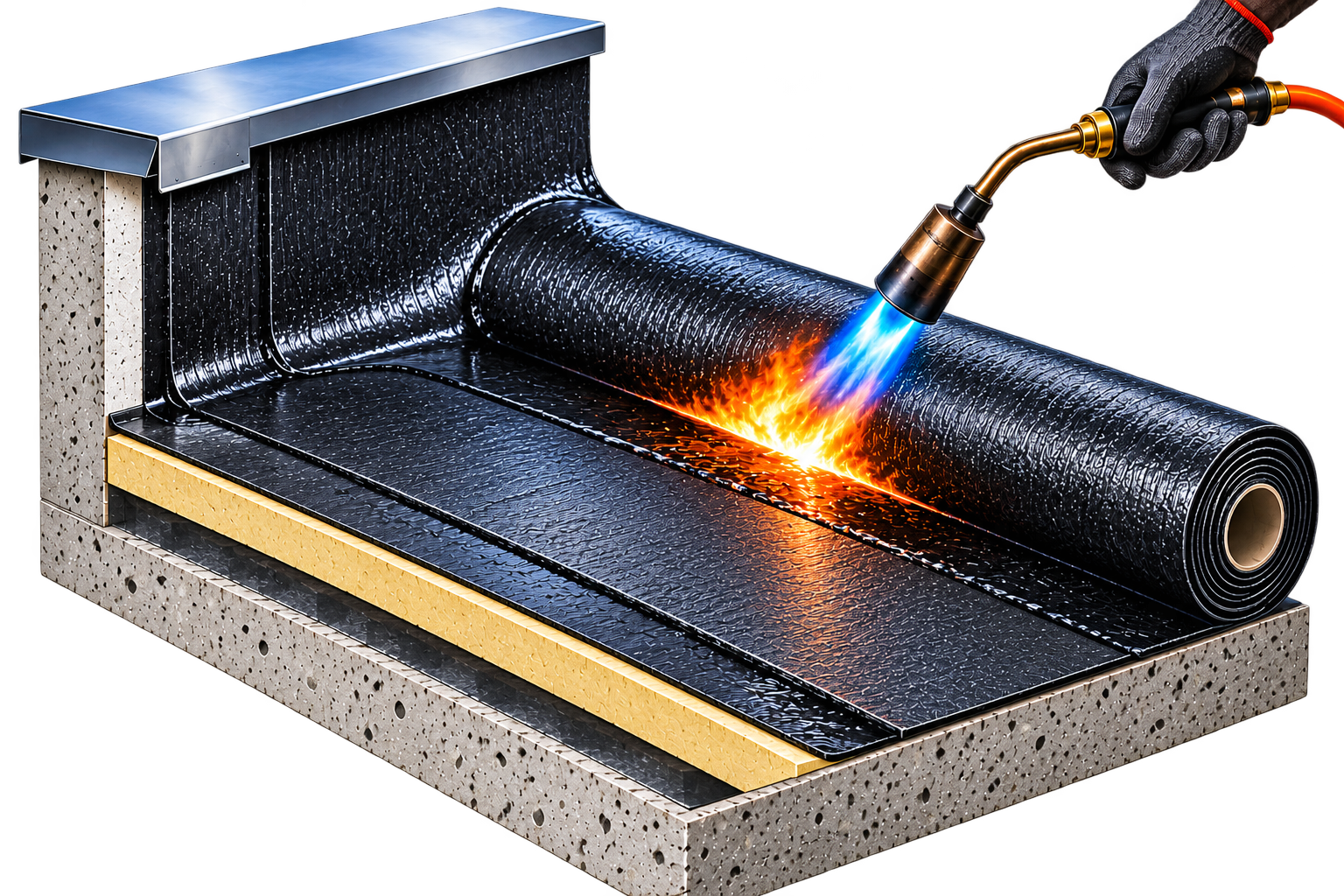 Torch equipment heating and applying membrane roll over insulation and concrete slab